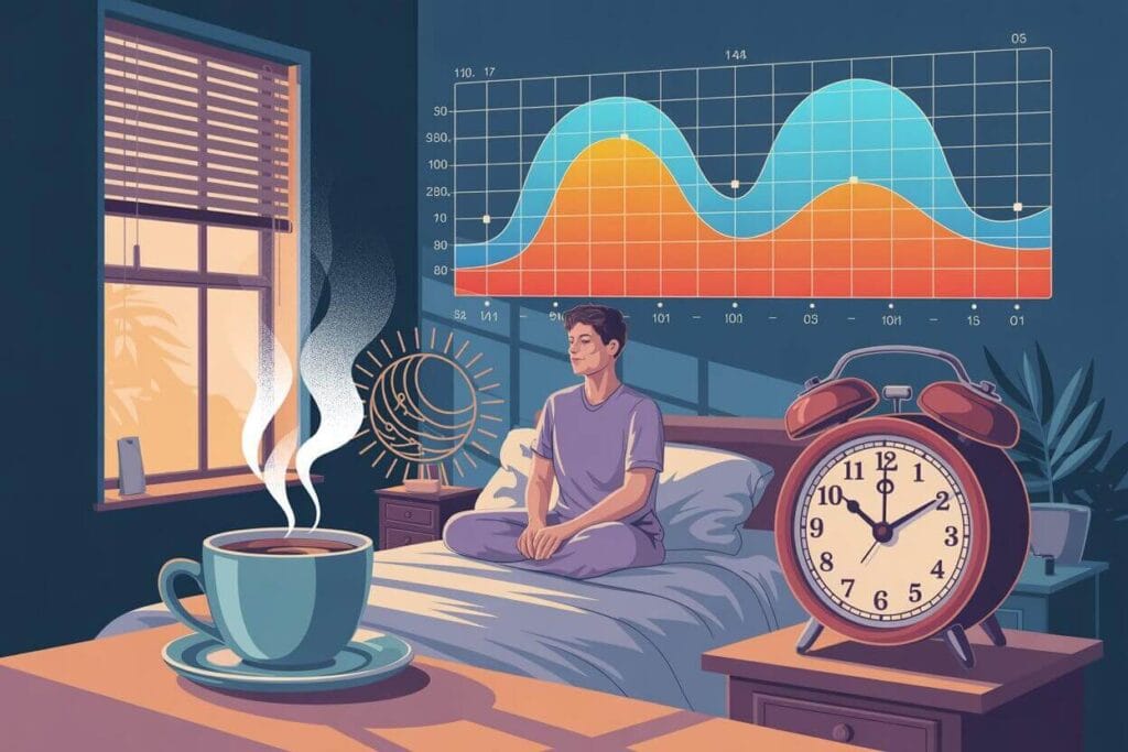 Conceptual image of morning coffee on an empty stomach overlapping with natural cortisol spikes.