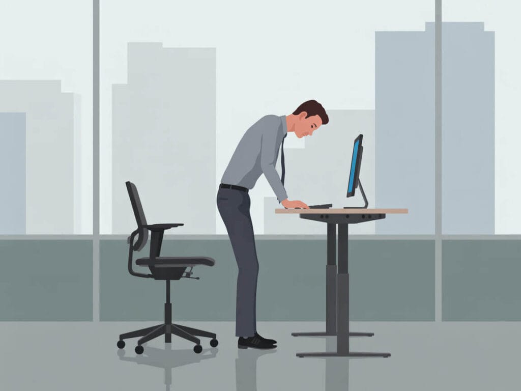 Office worker standing uncomfortably at a height-adjustable desk, highlighting poor posture in ergonomic workspace