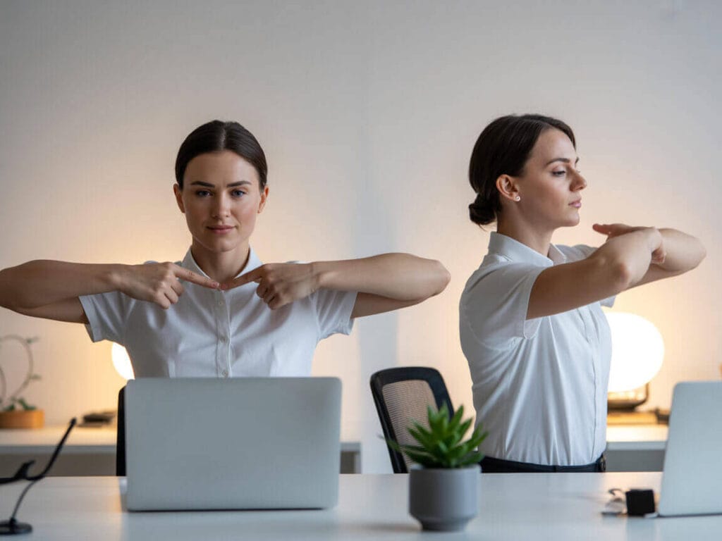 Micro-break exercises showing chin tuck and scapular squeezes at an ergonomic workspace for neck pain relief