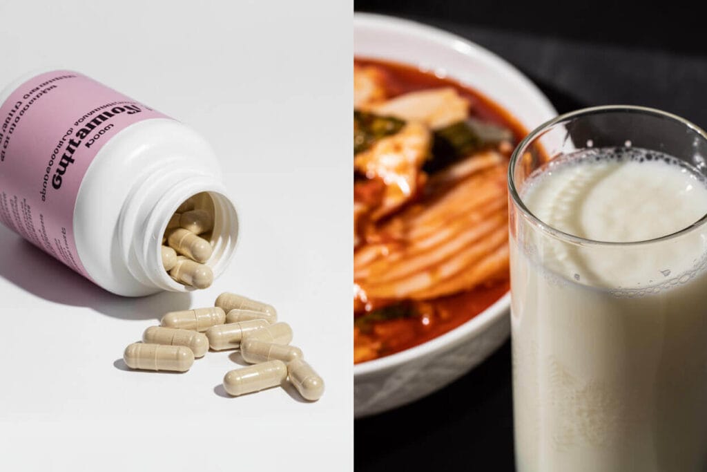 Fermented foods vs probiotic pills — bottle of capsules next to kimchi bowl and glass of kefir for gut health comparison