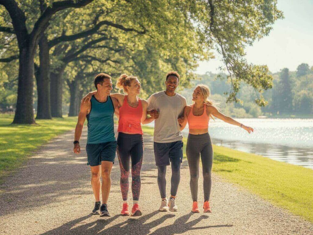 Group of friends walking in an open green park trail, wearing activewear and smiling — simple wellness tips to improve quality of life