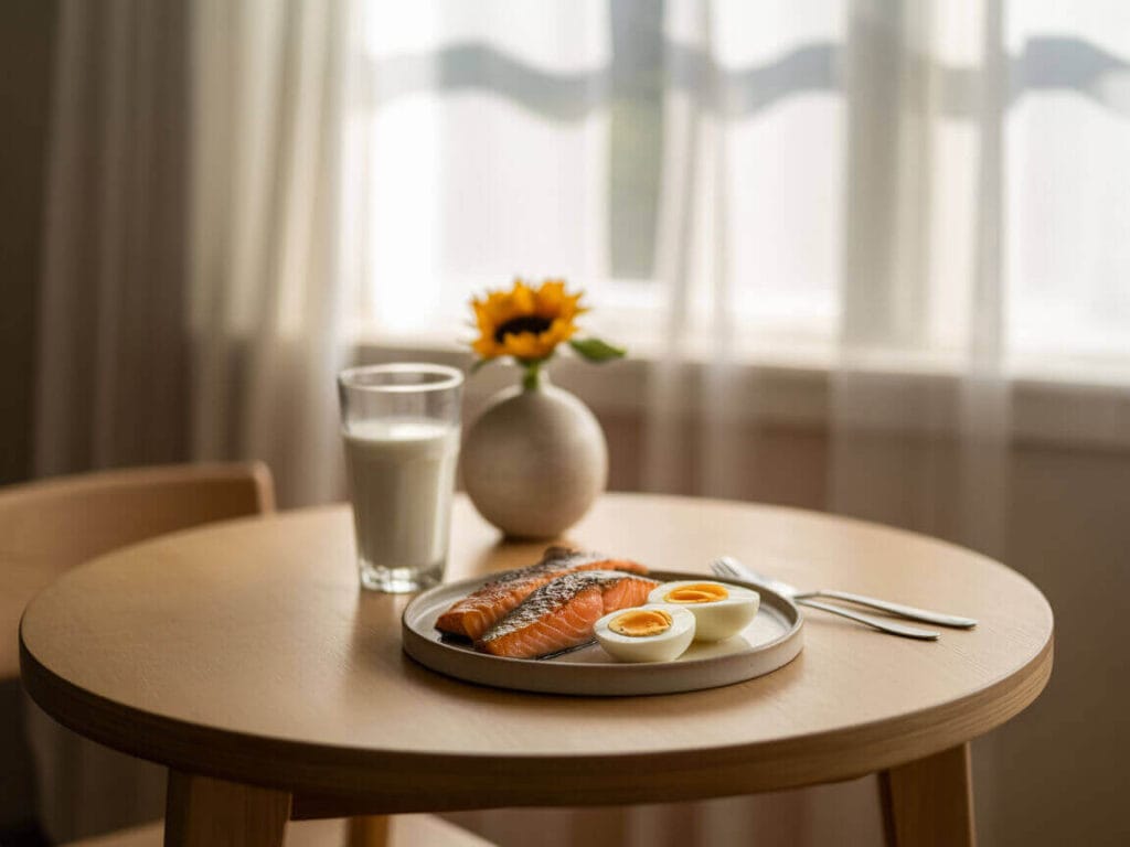 Salmon, boiled eggs, and a glass of milk on a sunlit wooden table, supporting optimal vitamin D levels.