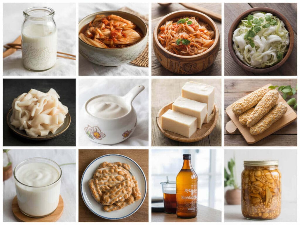 Nine best fermented foods for gut health collage — kefir, kimchi, sauerkraut, miso, tempeh, yogurt, kombucha, natto, fermented pickles