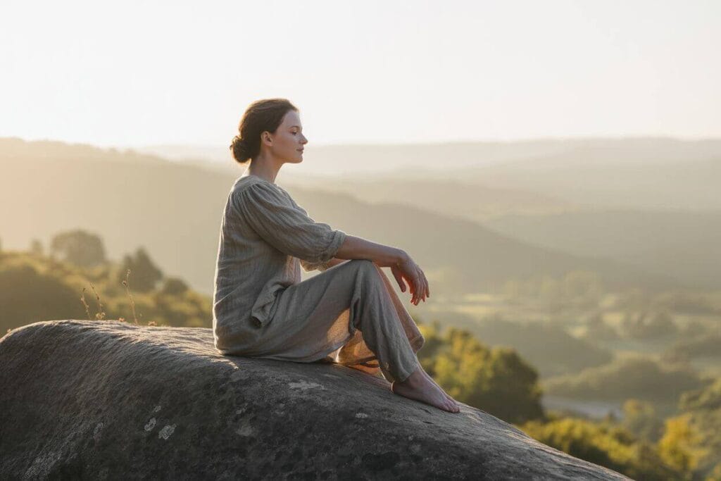 A person in nature at sunrise feeling connected and balanced, embracing early body signals as part of a wellness routine.