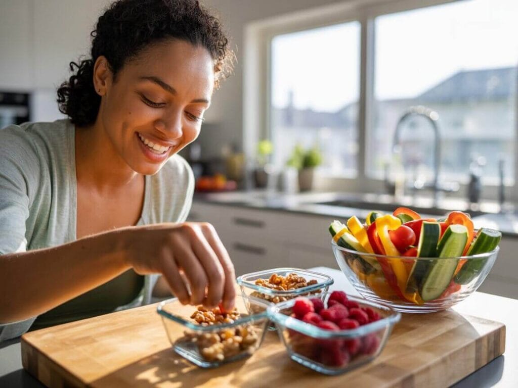 Woman prepping snacks and produce — building a healthier routine through smarter food environment