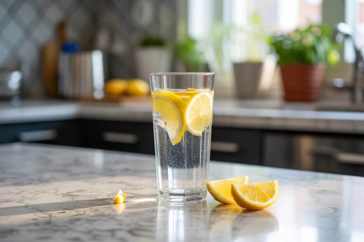 Refreshing glass on kitchen counter showing lemon water benefits