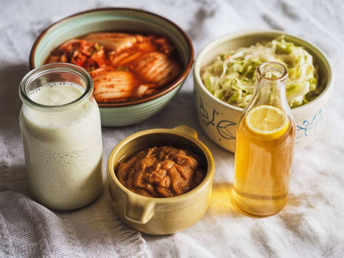 Fermented foods for gut health — kefir, kimchi, sauerkraut, miso and kombucha assortment