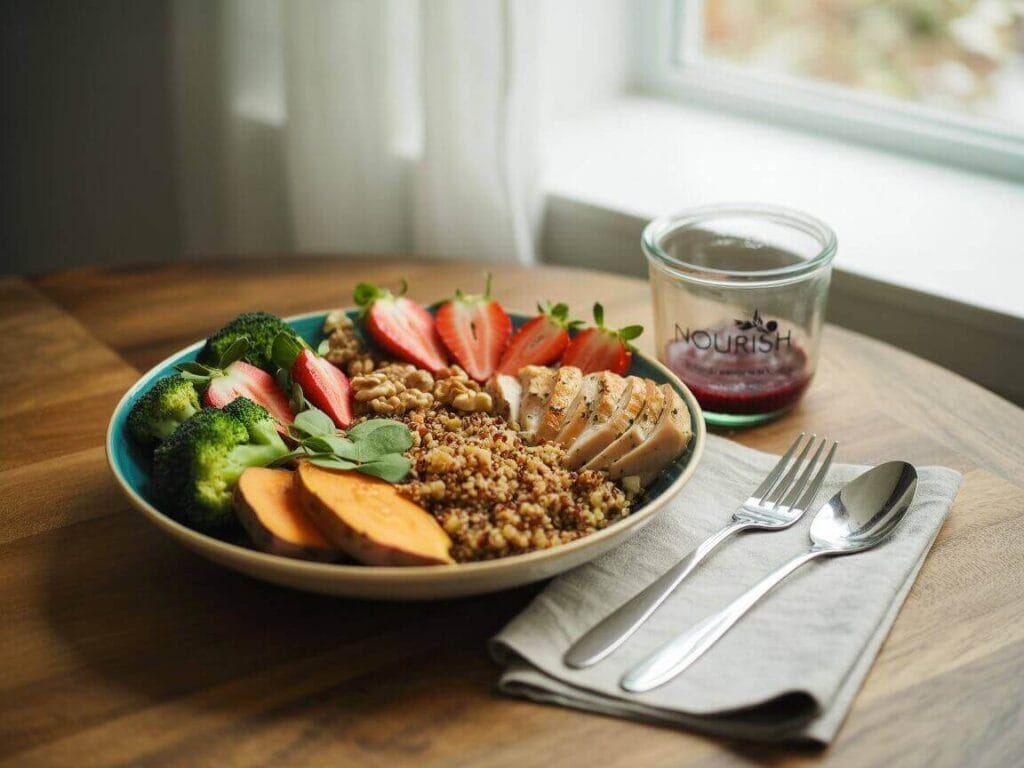 A colorful plate with roasted vegetables, brown rice, leafy greens, and grilled salmon — how to improve quality of life with healthy food