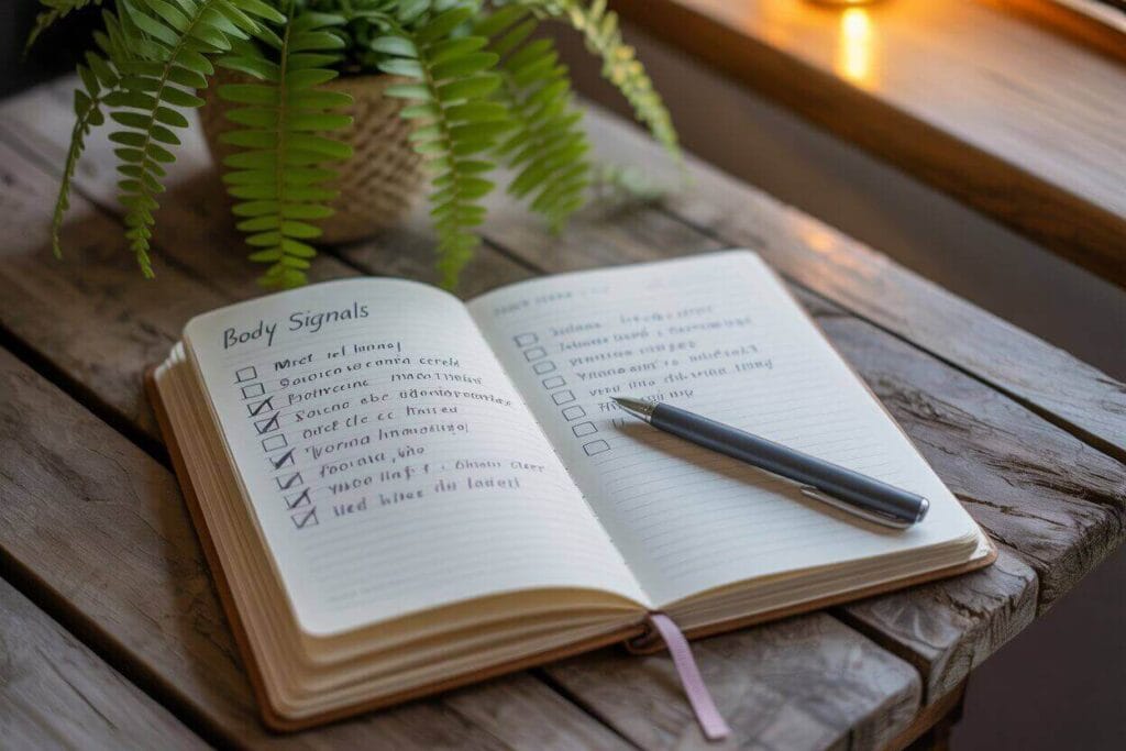 A woman practicing mindful breathing to listen to her body and track internal body signals for better health awareness.