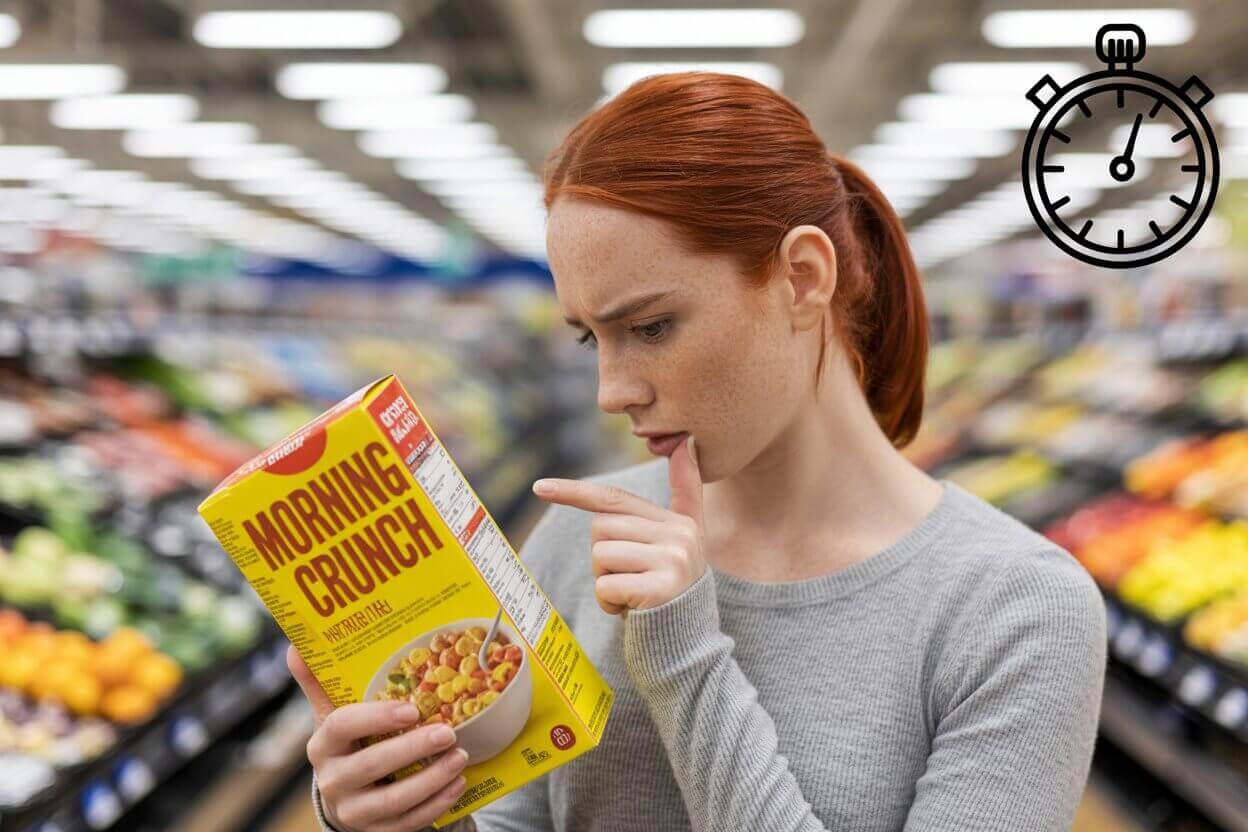 person learning how to read nutrition labels by checking a food package in the grocery store