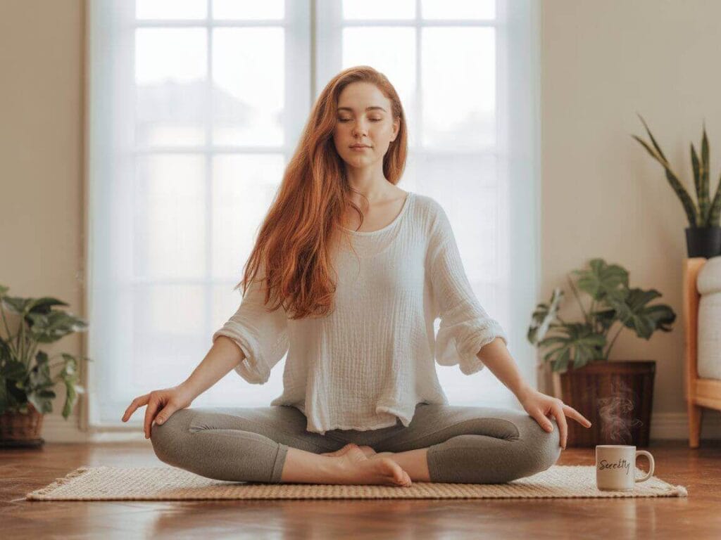 A woman sitting in meditation near a window with natural light — how to improve quality of life through mindful breathing