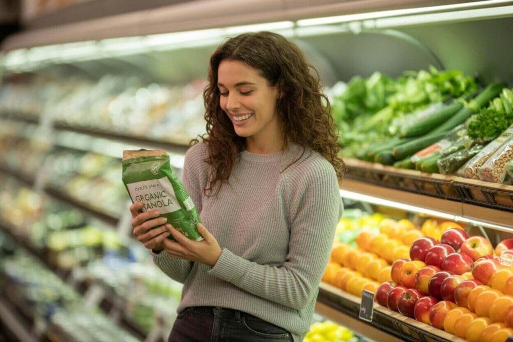 confident shopper reading nutrition labels in the store after learning how to read food labels