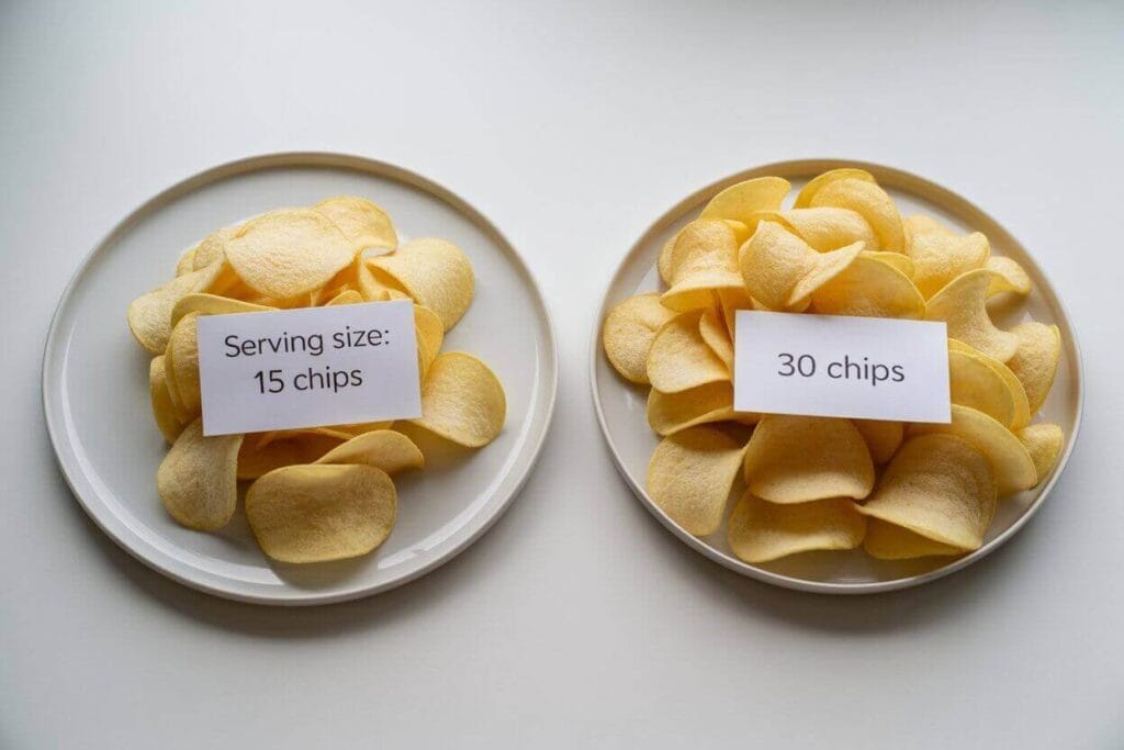 side-by-side visual showing portion size differences when reading food labels
