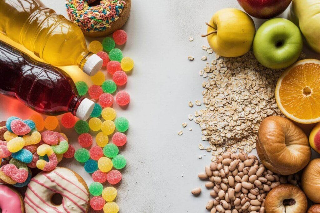 nutrition facts comparison showing added sugar foods versus fiber-rich foods for better label reading