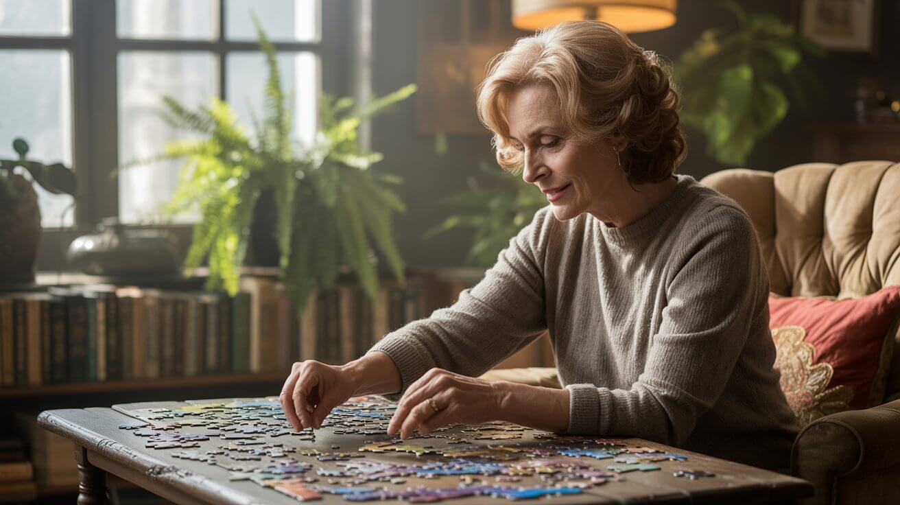 A senior person smiling while engaging in a puzzle, representing proactive steps to protect against cognitive decline and support brain health.