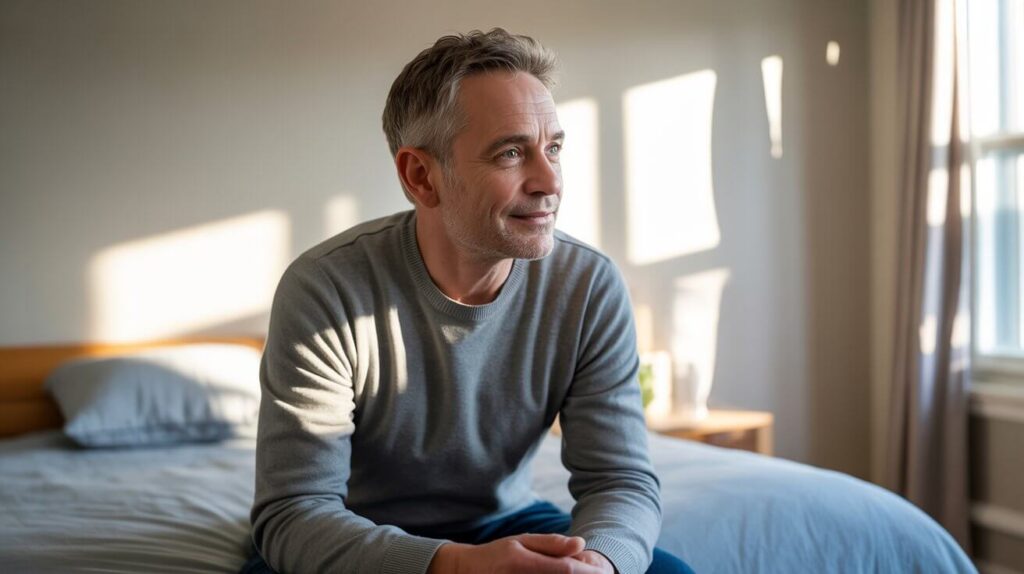 Middle-aged man sitting on bed in morning sunlight, reflecting on his health and natural ways to restore morning wood