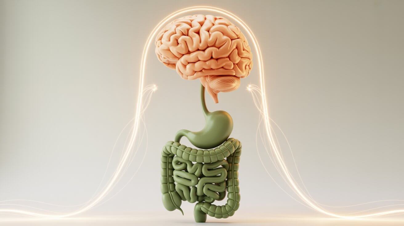 Conceptual image showing the gut-brain connection, with stylized illustrations of a brain and a digestive system linked by glowing pathways, representing gut health's impact on mood.