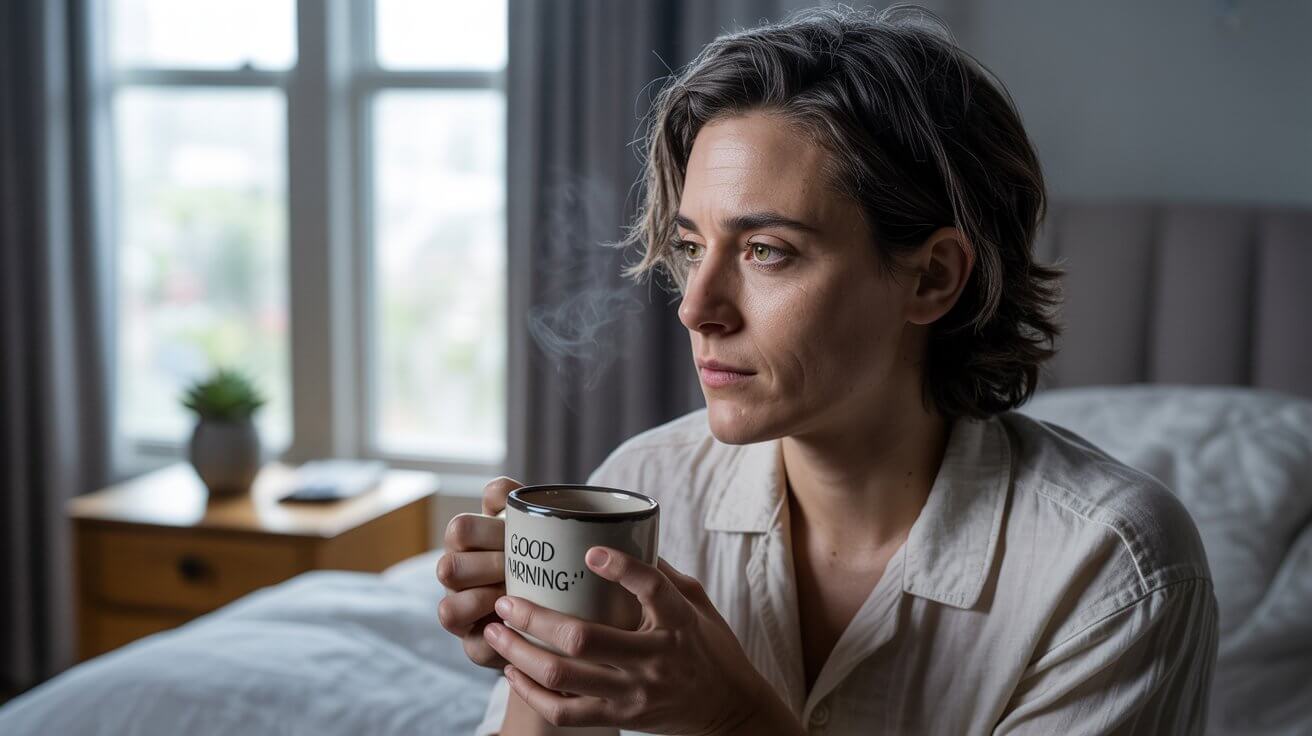 A tired person sitting on their bed with a coffee mug, illustrating the mental fog that follows a bad night of sleep.