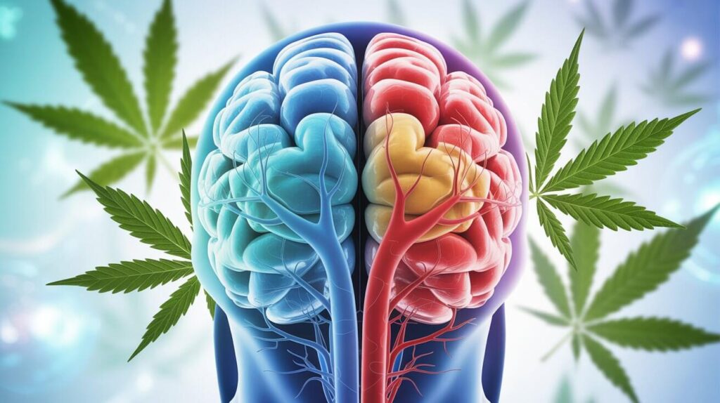 Marijuana stroke risk illustration showing healthy brain blood vessels versus compromised vessels affected by cannabis use
