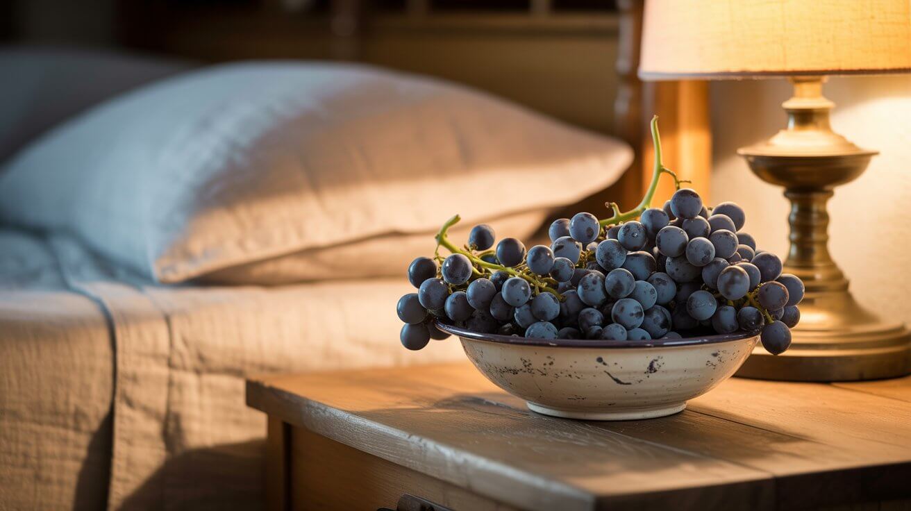 A small ceramic bowl of fresh purple grapes on a wooden nightstand, illustrating the concept of eating grapes for sleep in a calm bedroom setting.