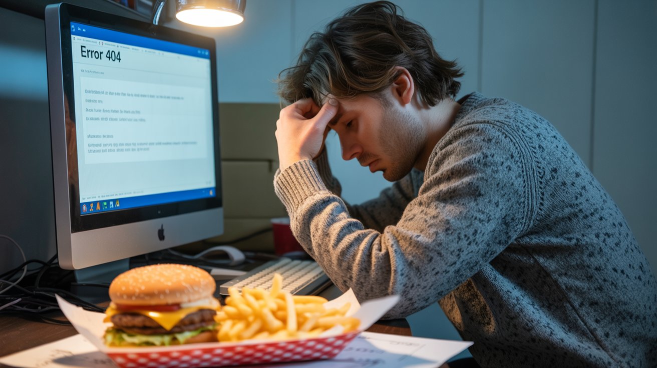 Image showing fast food like a burger and fries in the foreground, with a person in the background experiencing brain fog, illustrating the negative link between a high-fat diet and memory.