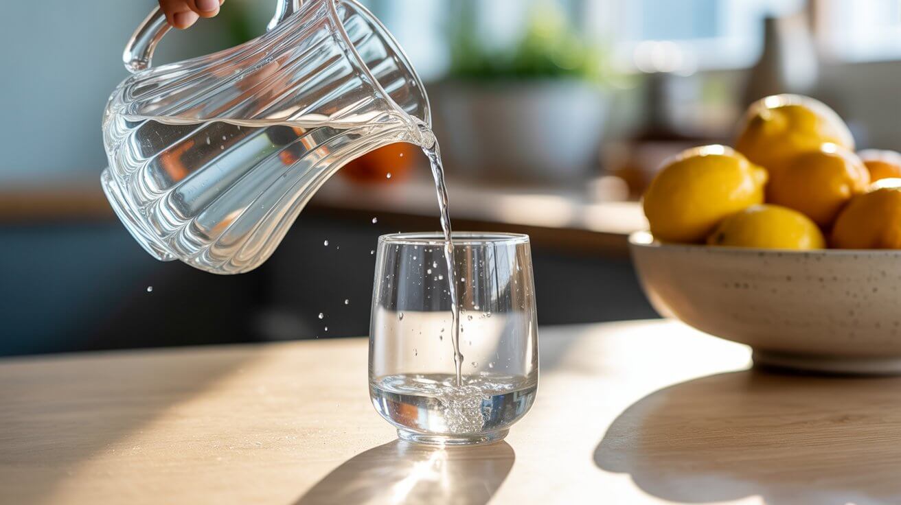 A person pouring a glass of water in a bright kitchen, illustrating a key step in kidney stone prevention.