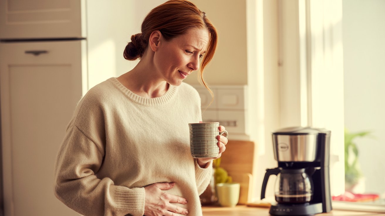 Person holding coffee mug with mild stomach discomfort from stale coffee sitting out