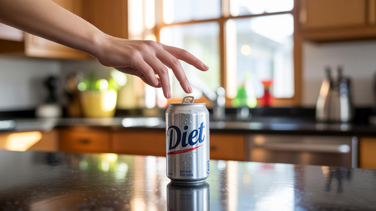 A person's hand choosing a can of diet soda, illustrating the decision-making process related to diet soda stroke risk.