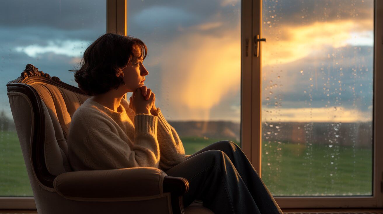 A cinematic, photorealistic image with a soft-focus background. The scene is split conceptually. On the left, a person sits indoors in a cozy armchair, looking out a window at a gray, rainy day, conveying a sense of quiet contemplation. On the right, the view through the same window shows the sun breaking through dark clouds, casting warm, hopeful light into the room. The overall mood is gentle, empathetic, and hopeful, not bleak. The color palette transitions from cool blues and grays to warm golds and soft yellows. Use a shallow depth of field to keep the focus on the person and the changing light