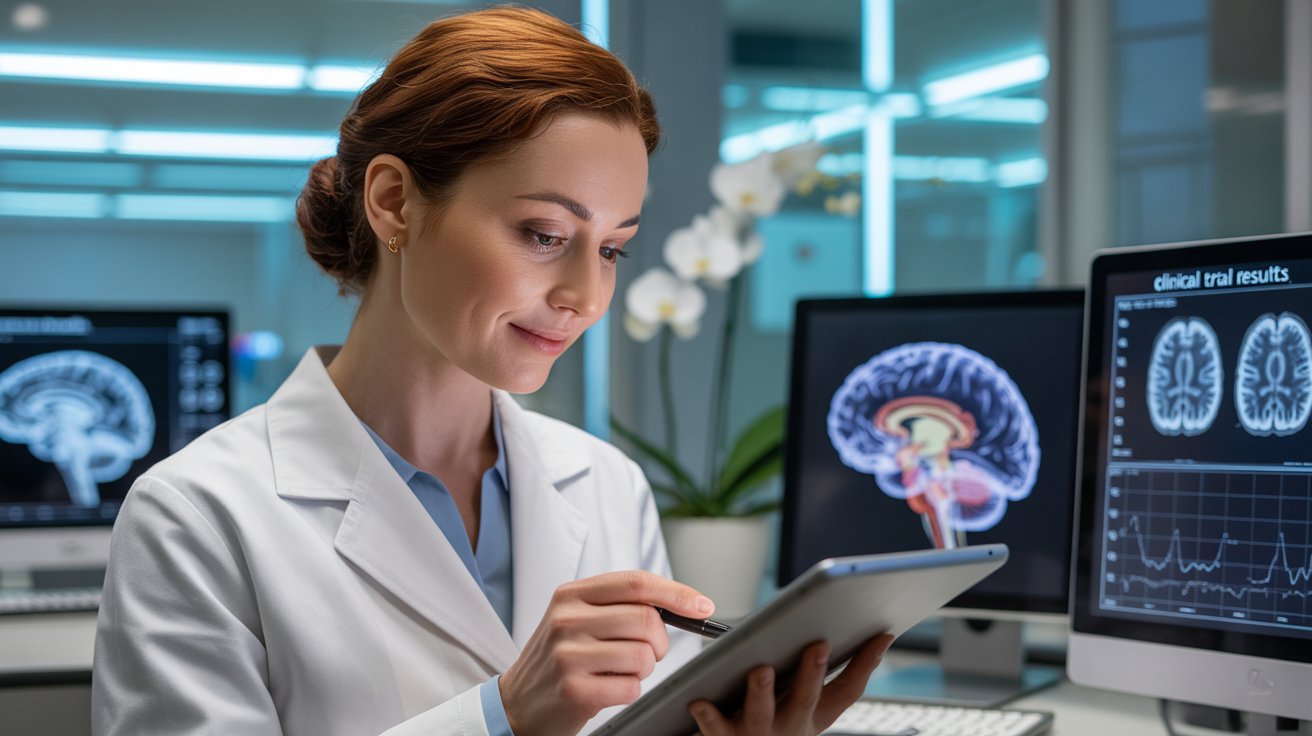 Doctor reviewing new Alzheimer's treatments research in modern medical laboratory setting