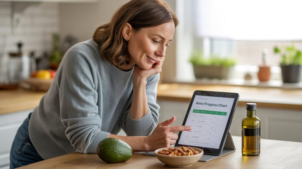 A person looking at their health data on a tablet, with healthy keto foods on the table, representing the connection between keto and high cholesterol.