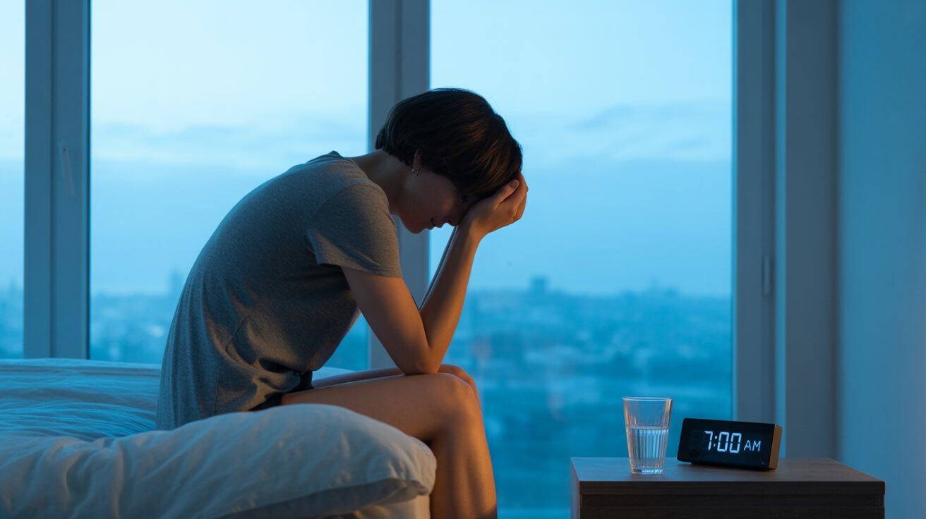 A person sitting on their bed in the morning, looking tired after 8 hours sleep, with soft light coming from the window.