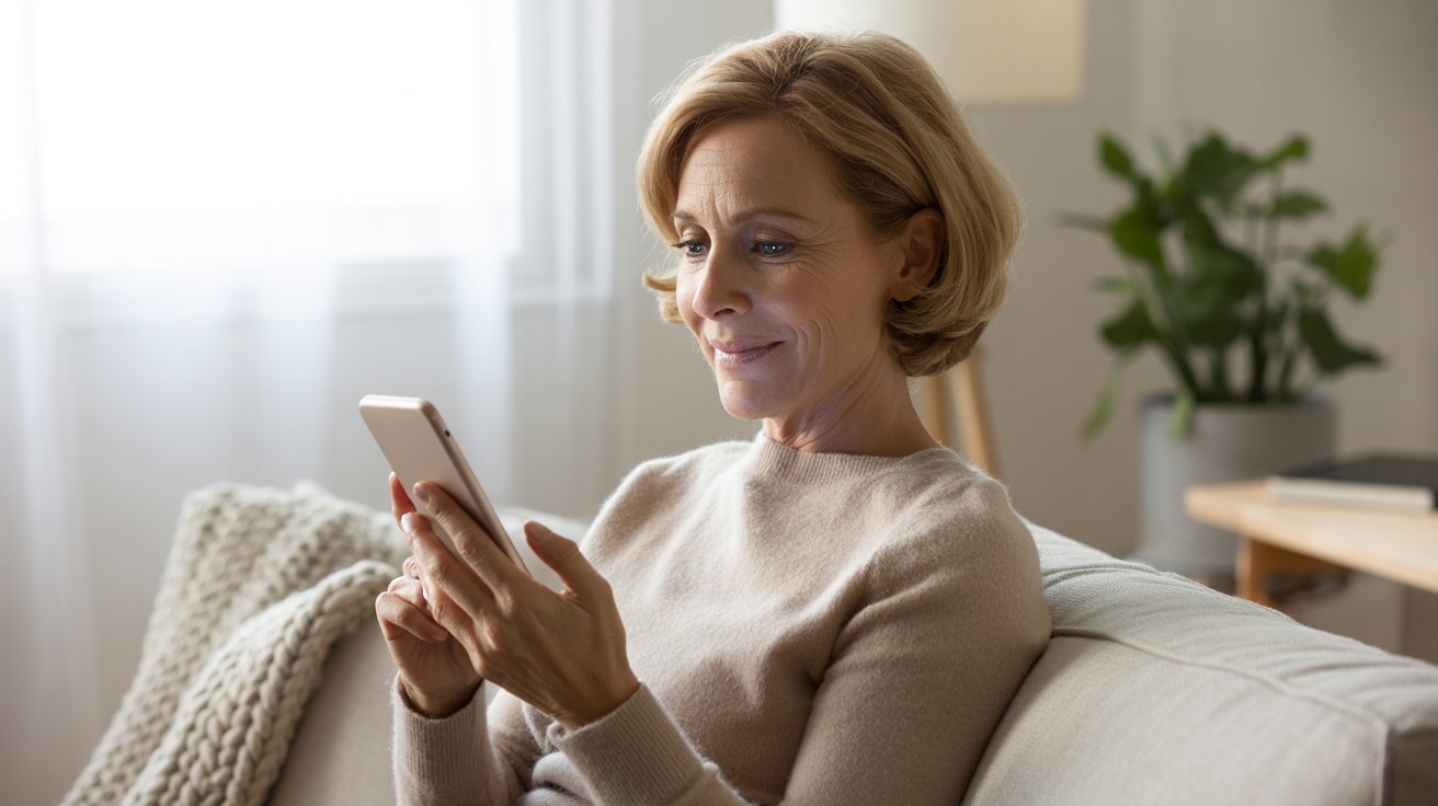 Person successfully reading phone after using presbyopia eye drops treatment