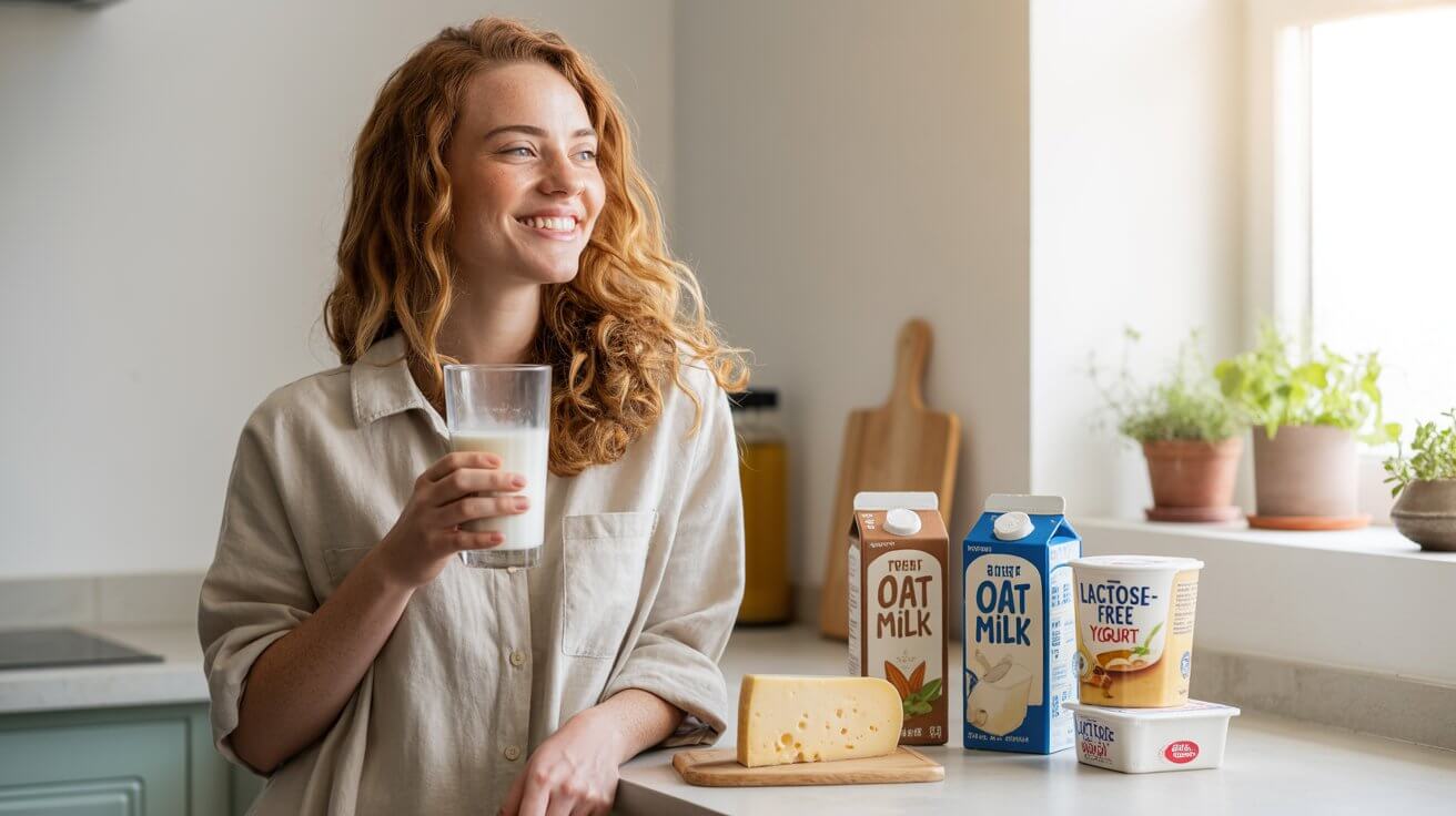 Person enjoying lactose-free alternatives in modern kitchen, managing lactose intolerance symptoms