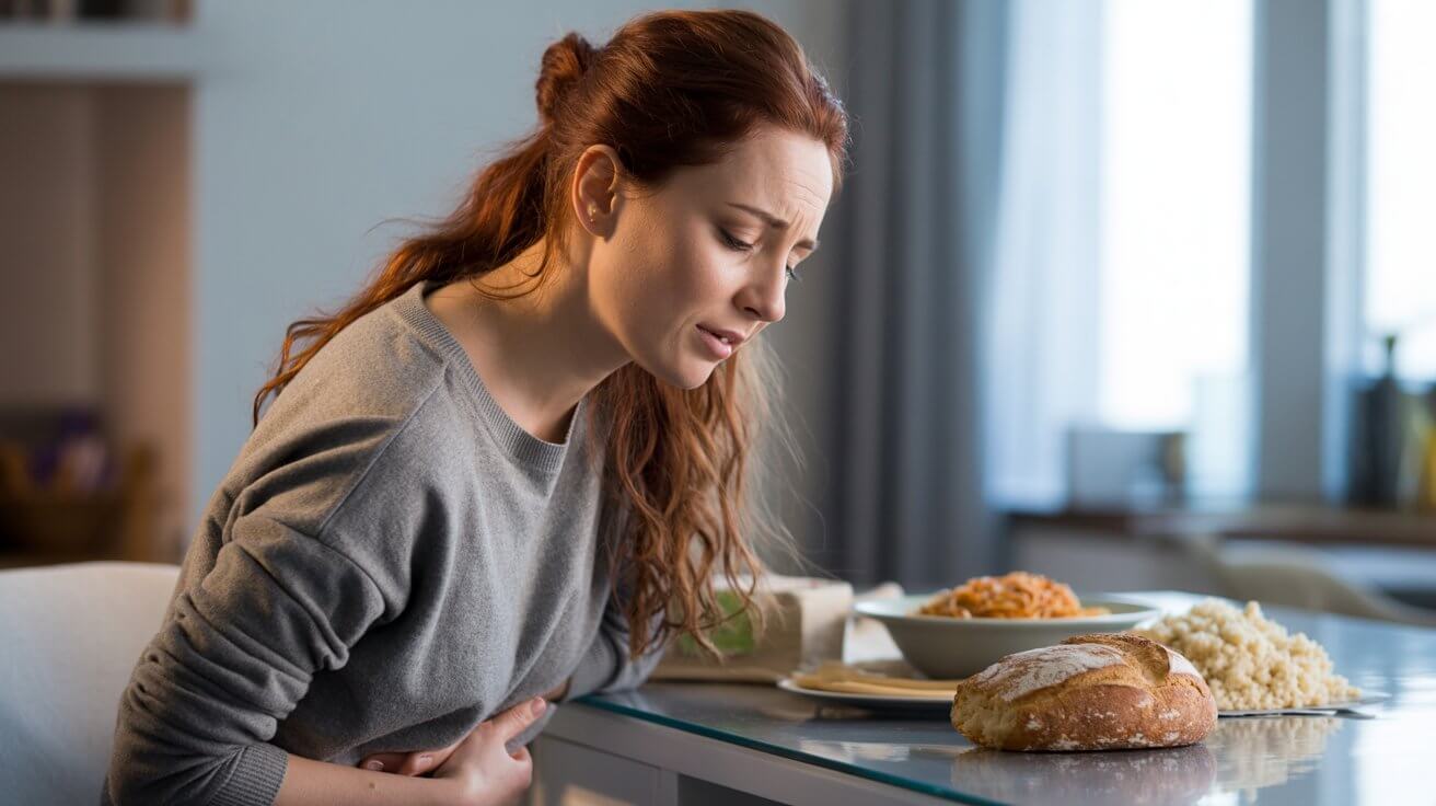 Person experiencing gluten intolerance symptoms after eating wheat-based foods at kitchen table.