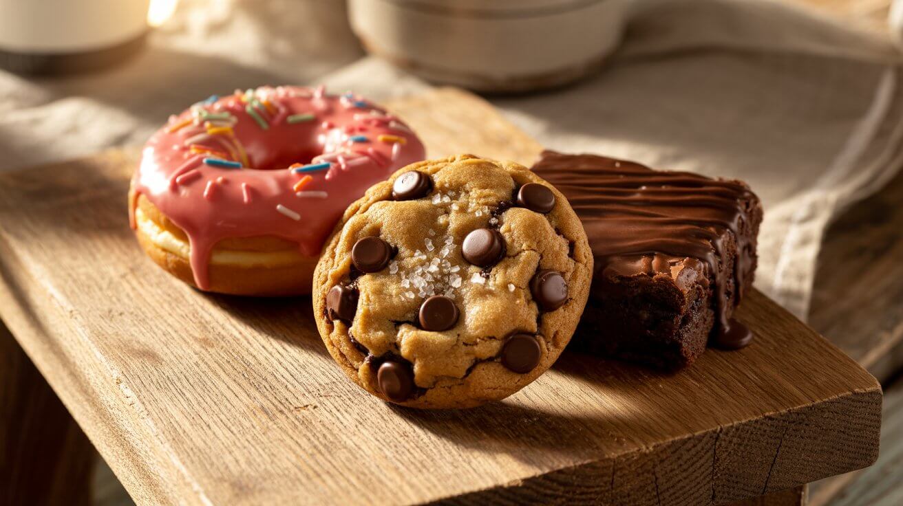 "A tempting close-up of a cookie, donut, and brownie on a table, representing the intense sugar craving many people feel in the afternoon.