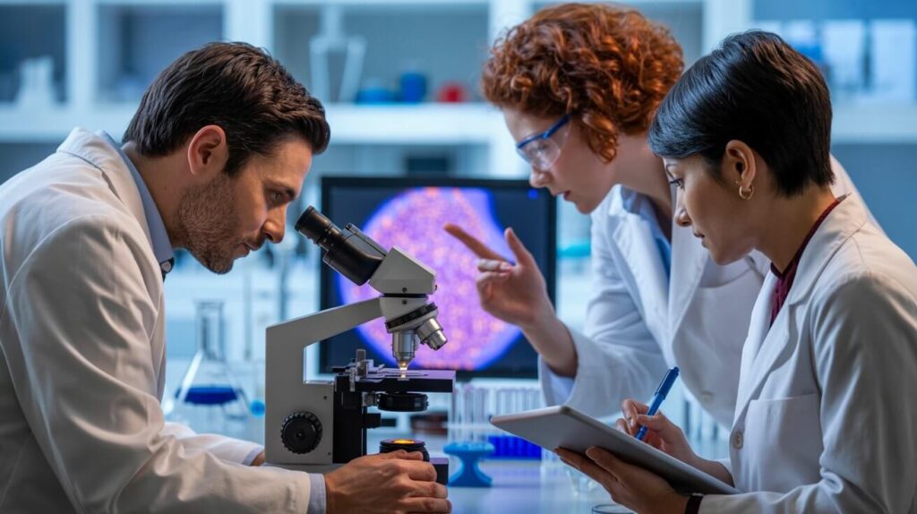 A diverse team of scientists in a lab coat analyzing data, representing the clinical research behind the new UTI vaccine.