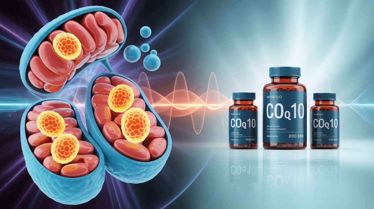Coenzyme Q10 benefits illustration showing cellular energy production and supplement bottles, representing science-based approach to CoQ10