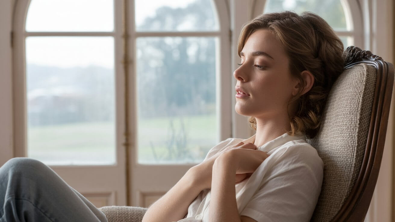 A person sitting calmly by a window, taking a deep breath to manage the symptoms of a panic attack and regain control.