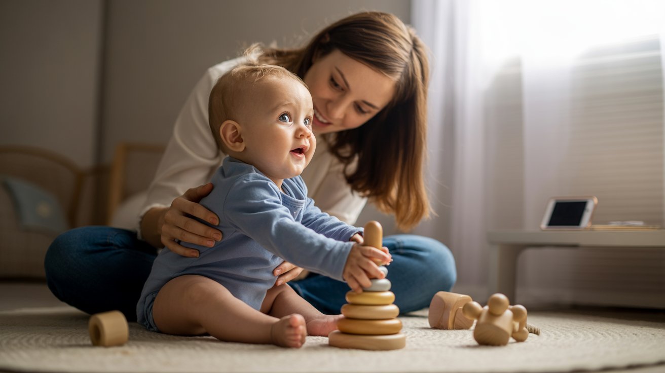 A mother and baby playing on the floor, illustrating positive alternatives to screen time for babies.