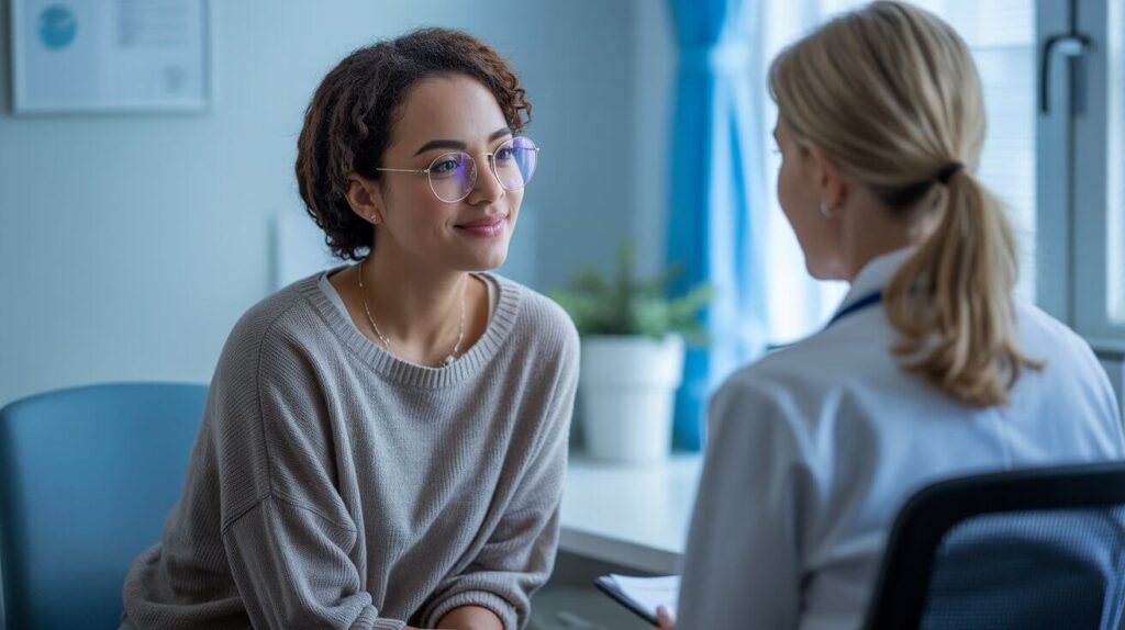 Female doctor consulting a young patient with adult acne in woman, in a calm and welcoming medical setting.