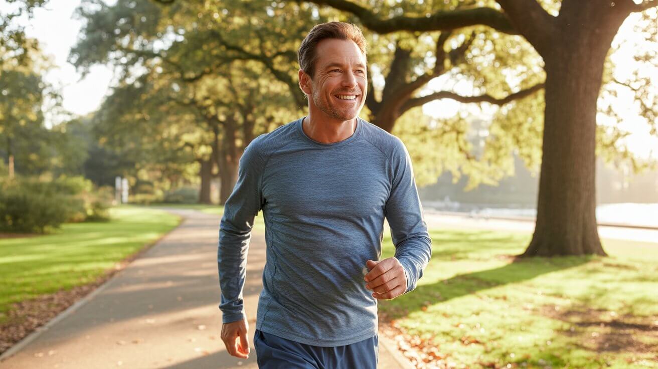 A man in his 50s smiling while walking in a park, illustrating how positive lifestyle habits can protect cartilage and joint health.