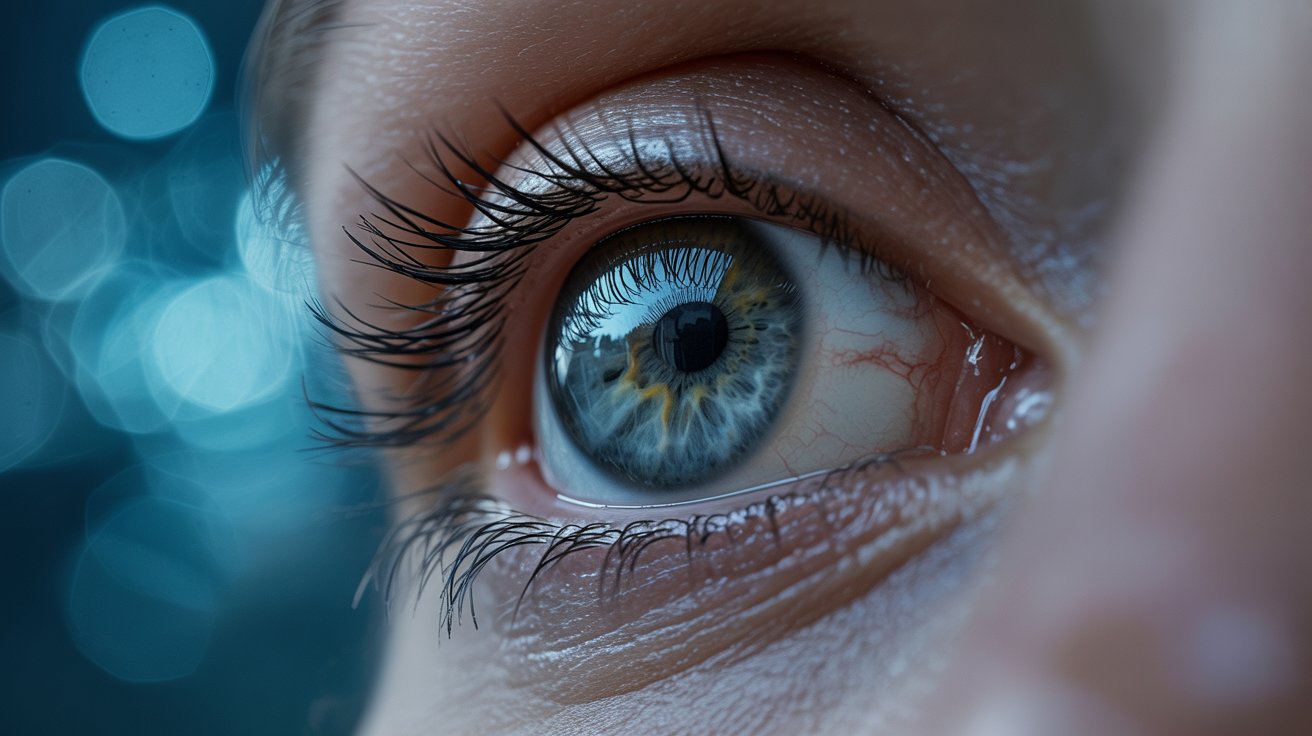 Macro photo of an eye with soft light and clear tear film, illustrating eye pain