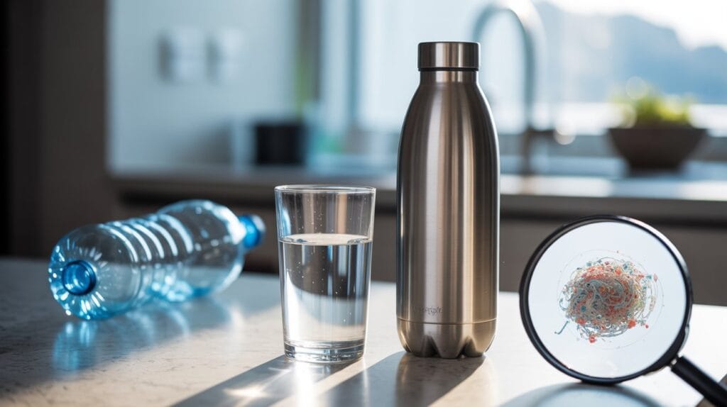 Illustration of microplastics and heart disease risk: water choices with glass, stainless steel, and a plastic bottle.