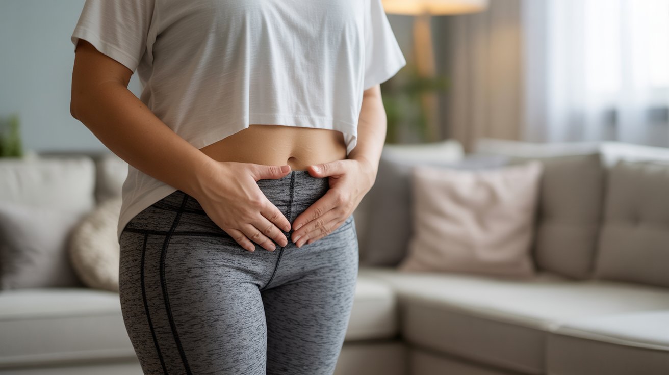 Overweight person gently touching their abdomen to illustrate belly fat and the health risks of abdominal fat.