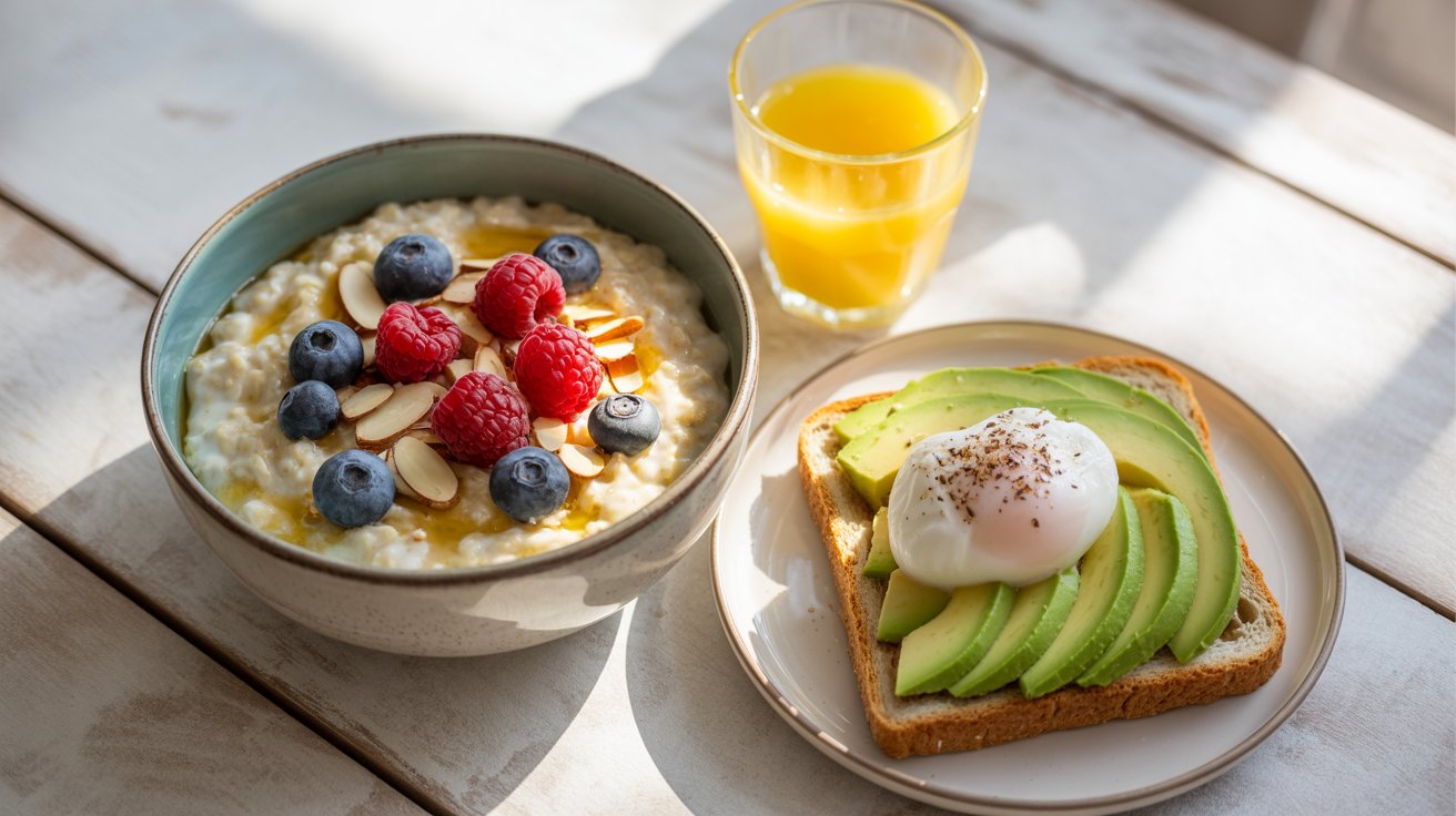 A top-down view of the healthiest breakfast, featuring a bowl of oatmeal with berries, avocado toast with an egg, and a glass of orange juice on a wooden table.