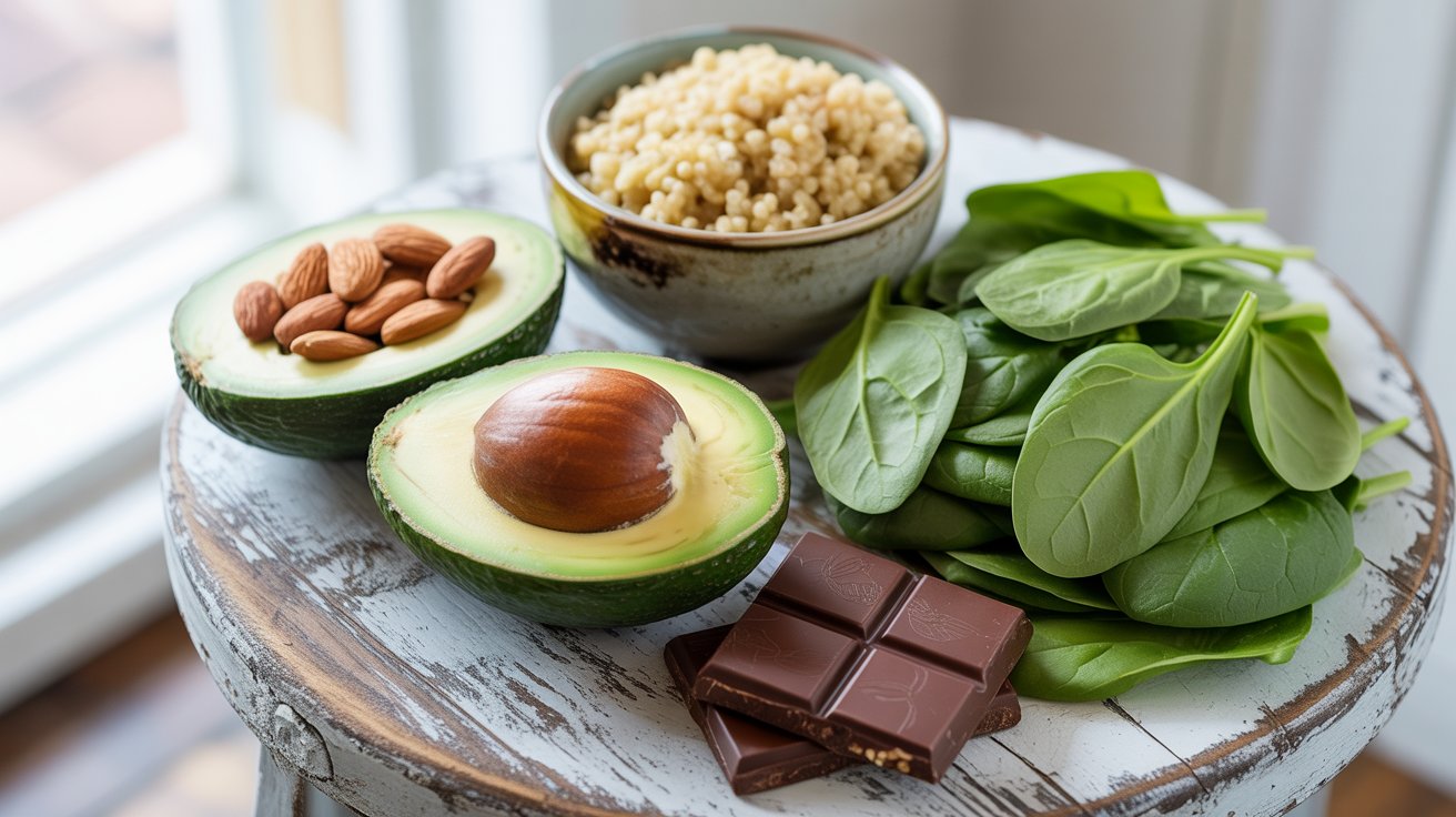 A flat lay of healthy foods that illustrate what magnesium does for the body, featuring spinach, almonds, avocado, and dark chocolate.