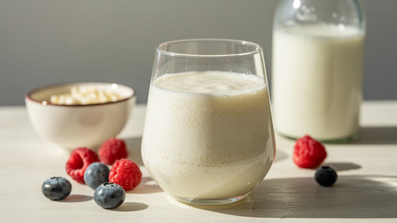 A glass of kefir on a white table, illustrating the connection between kefir and lactose intolerance.