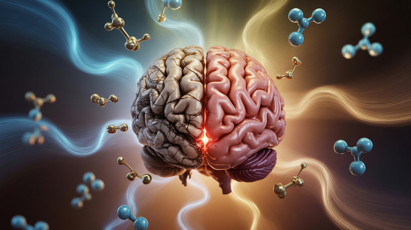 illustration of brain shrinkage and recovery with klotho and FTL1 proteins
