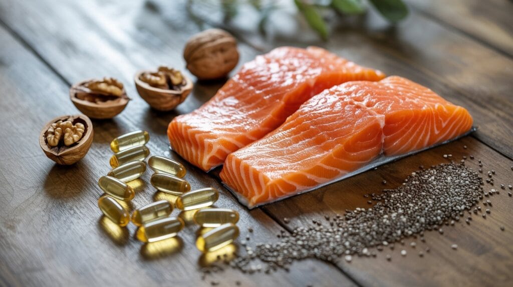 Omega-3 vs Fish Oil capsules with salmon and nuts